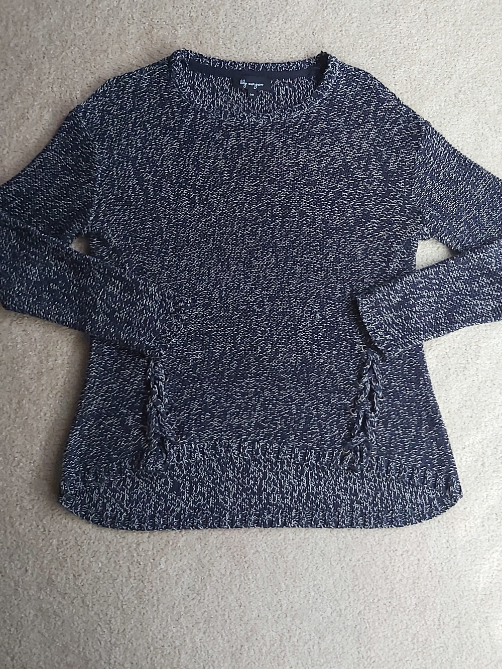 Lily Morgan Navy White Marled Crewneck Sweater with Side Braid Detail